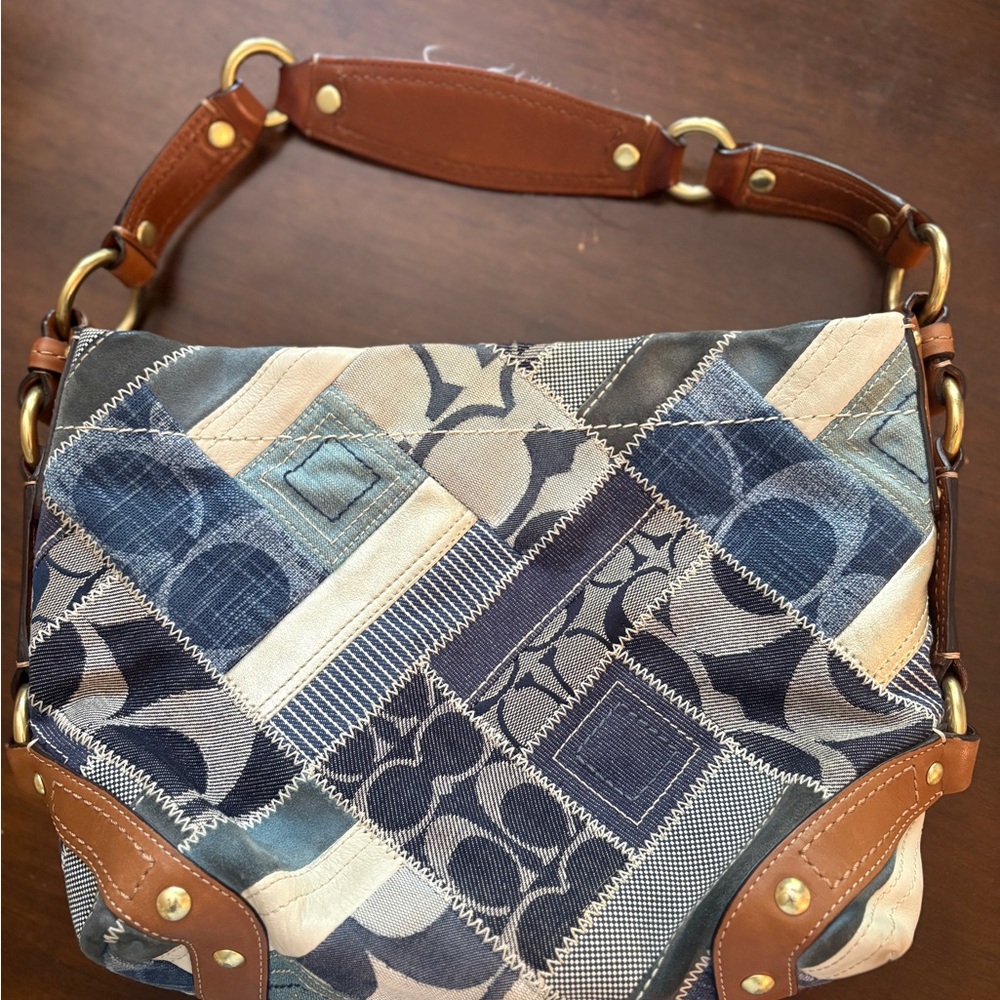 Coach Denim Blue Patchwork Carly Signature Hobo Handbag